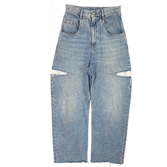 MAISON MARGIELA Jeans 28”Blue High-Waist Barrel Wide Slashed Raw-Hem Luxury Zip - Picture 2 of 15